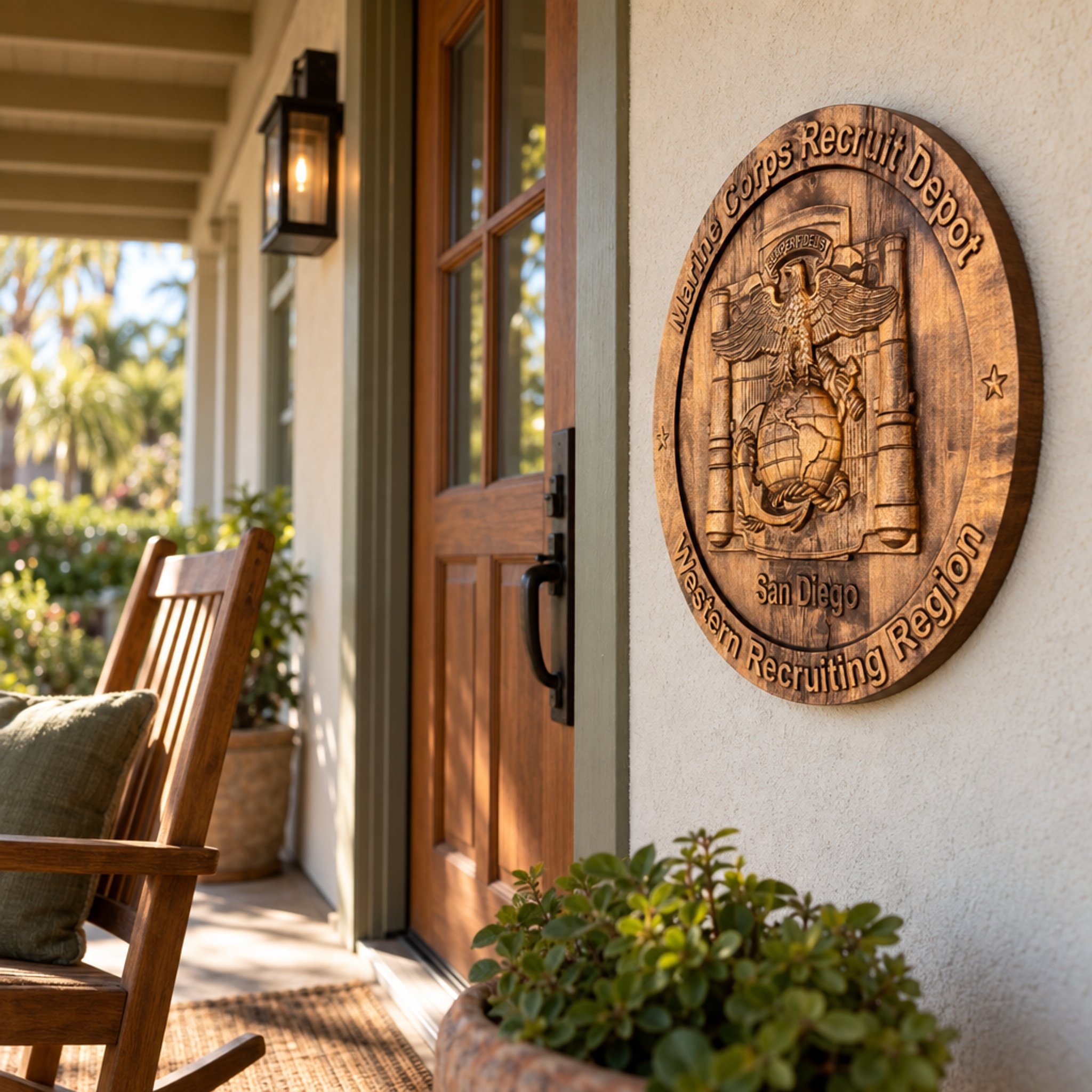 San Diego depot plaque shown on a porch wall beside a wooden front door and rocking chair.