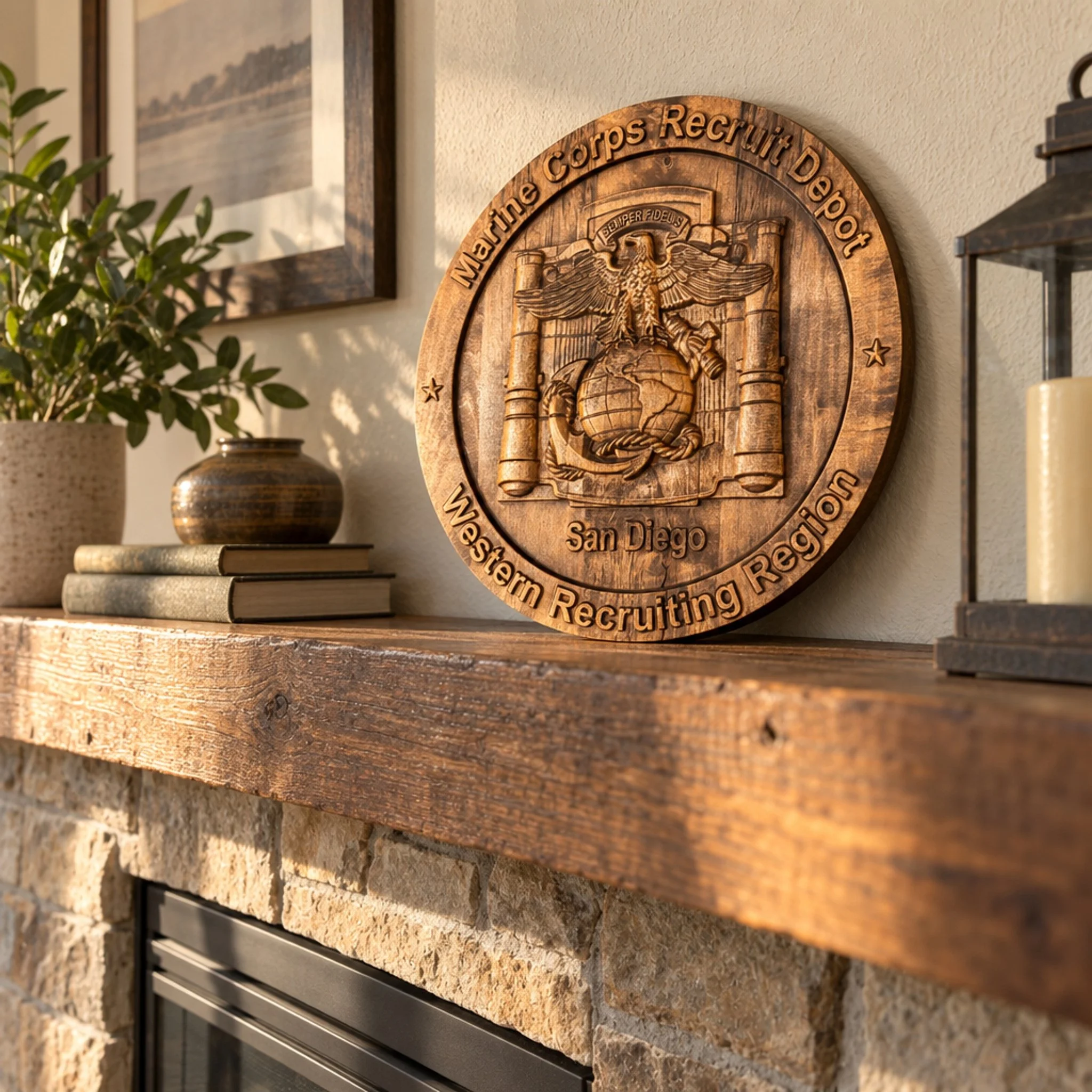 San Diego depot plaque on a rustic wooden fireplace mantel beside books, a plant, and a lantern.