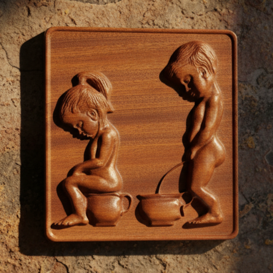 Handcrafted Mahogany Toilet Sign: Girl & Boy Potty Duo