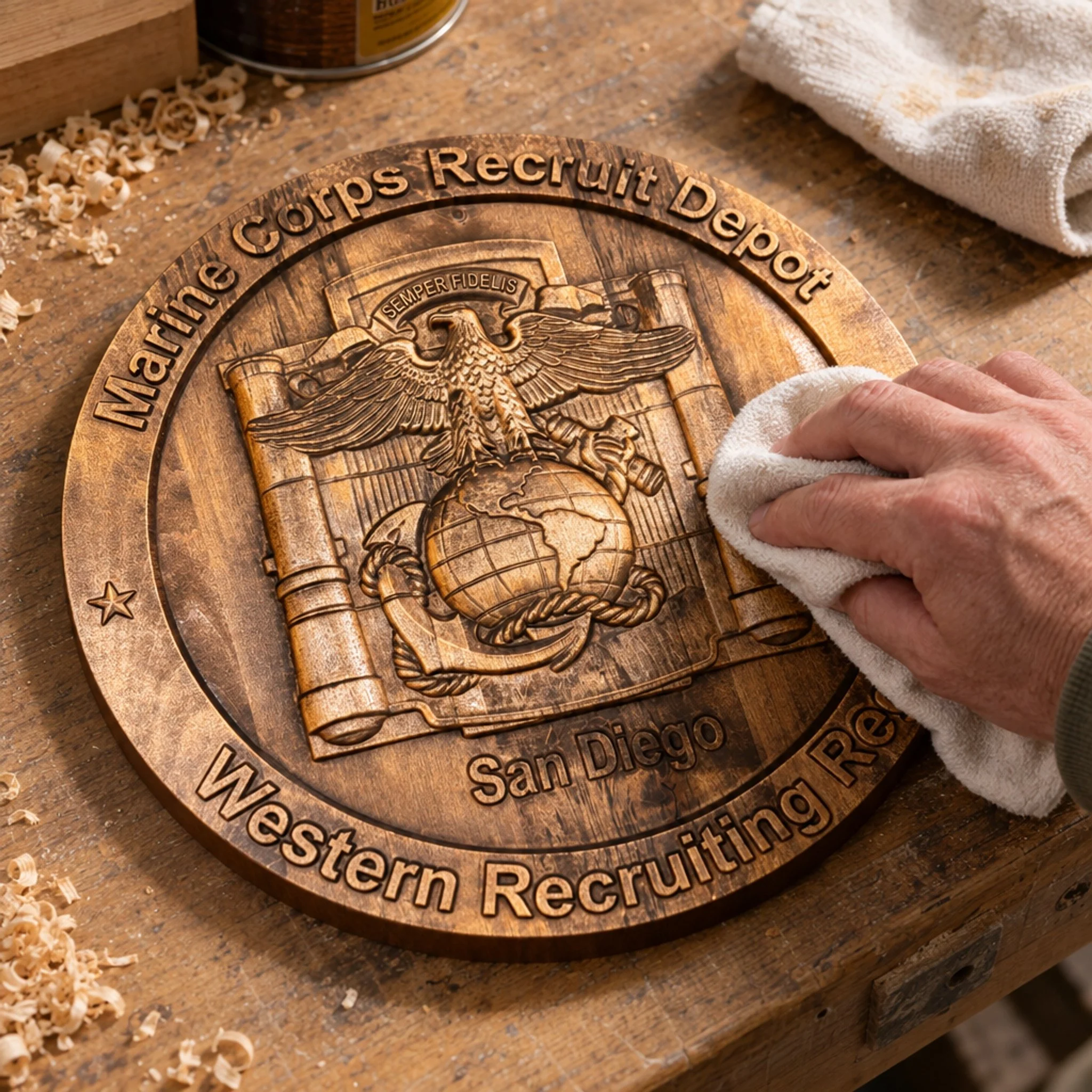 A hand wiping the carved San Diego depot plaque with a cloth on a workbench beside wood shavings.