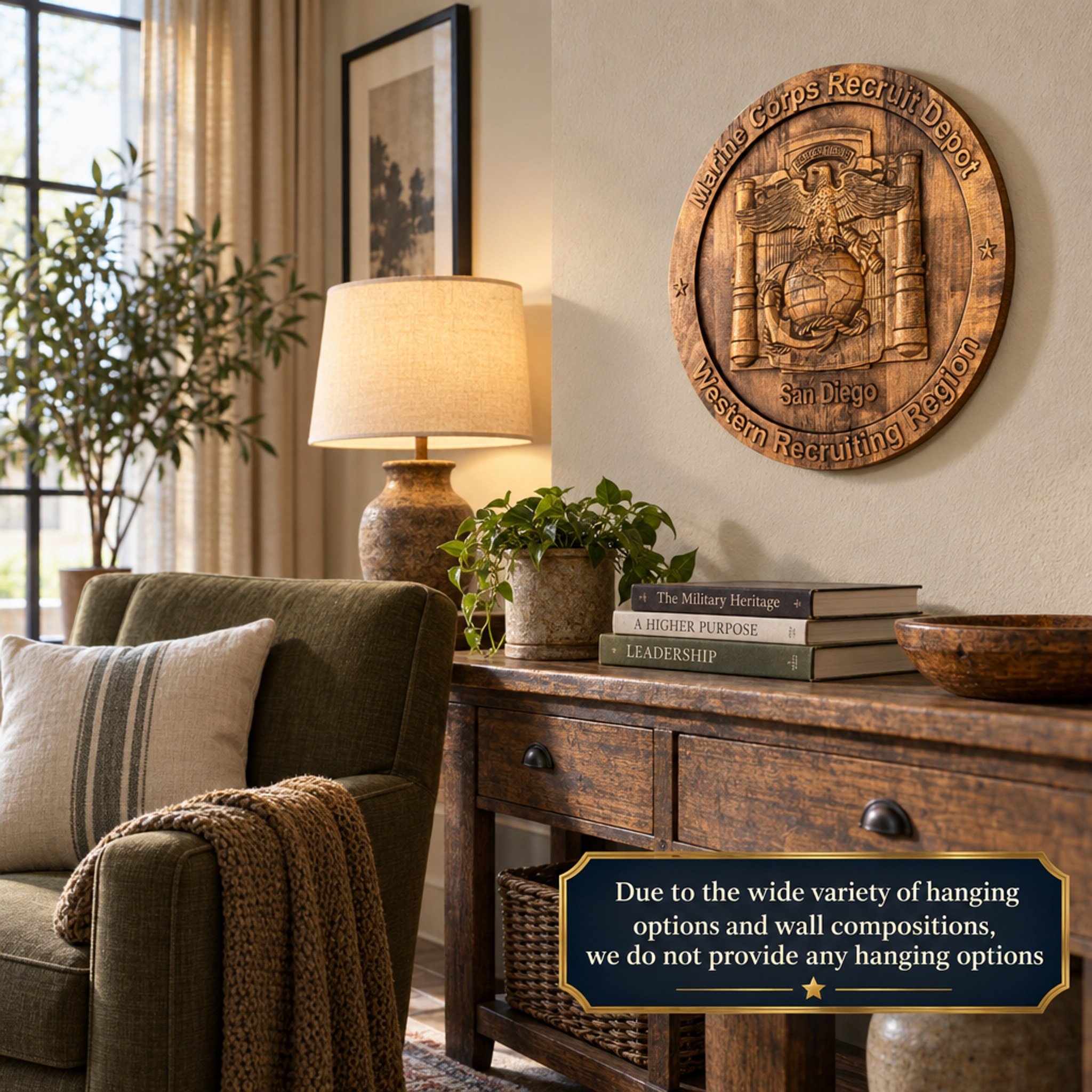 San Diego depot plaque above a wood console in a styled room, with a text panel explaining that hanging options are not provided.