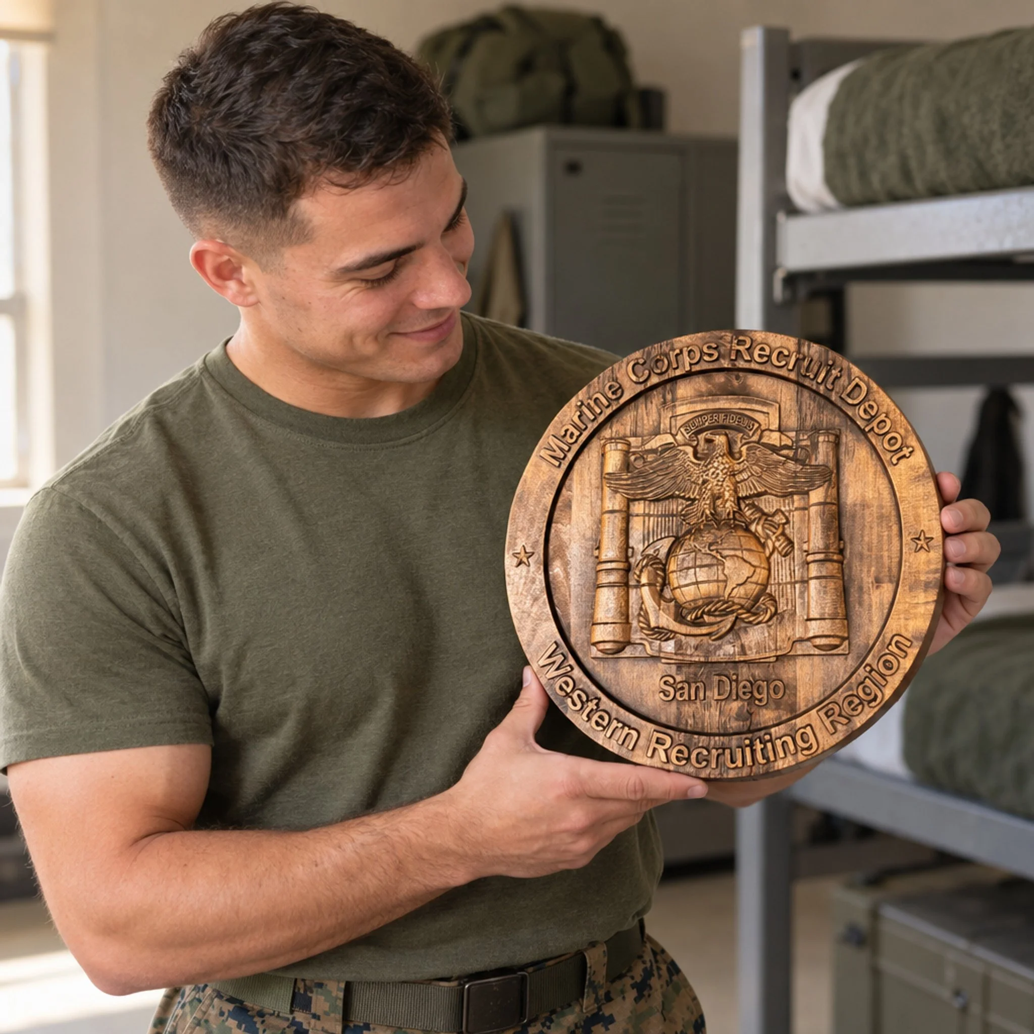 A man in a green T-shirt holding the round San Diego depot plaque indoors.
