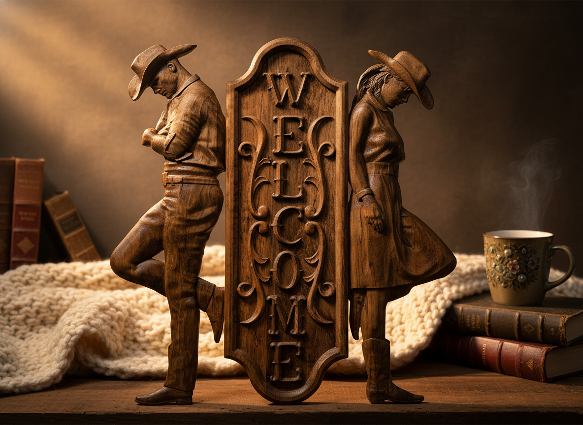Western Cowboy & Cowgirl Welcome Sign, Hand Carved Wood Wall Art, Rustic Farmhouse Entryway Decor, Unique Housewarming Gift