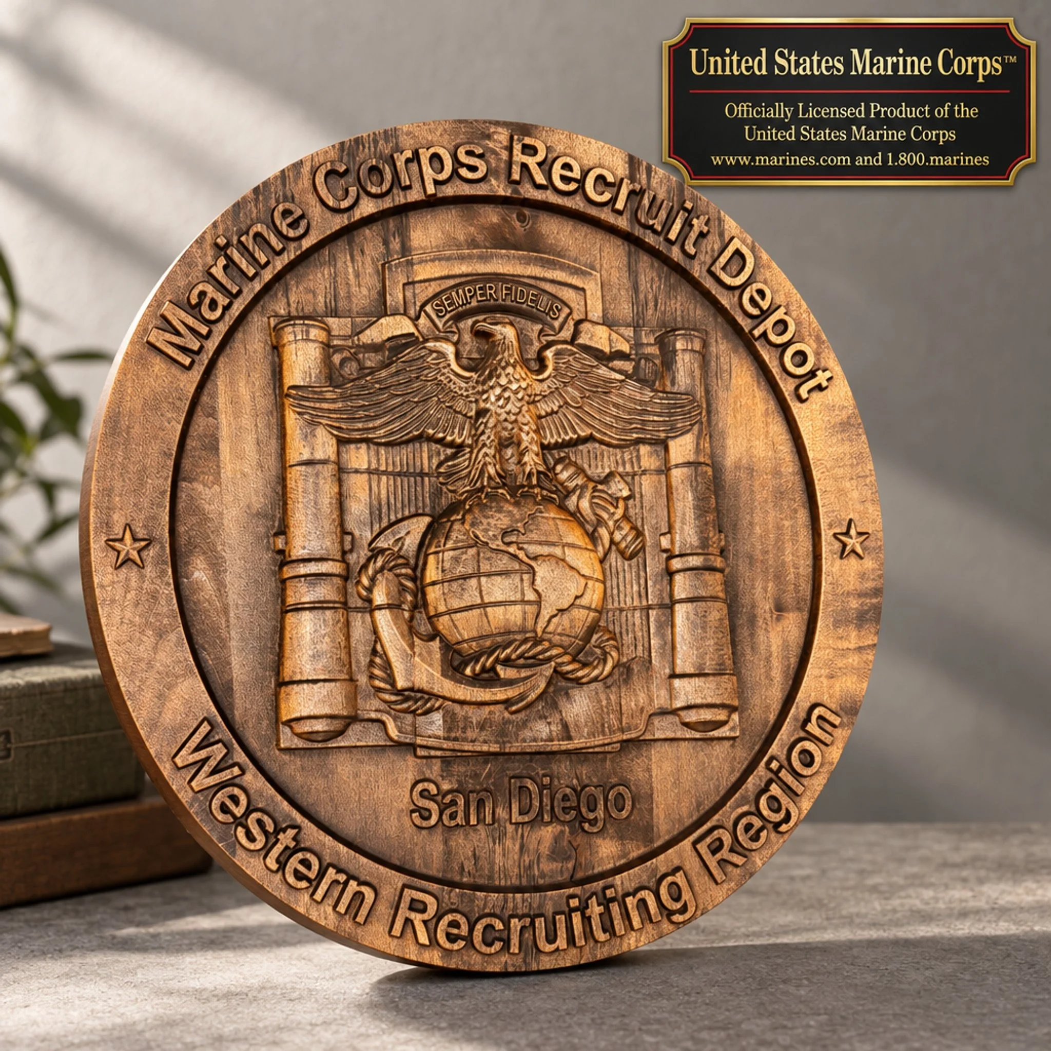Front view of the round San Diego depot plaque on a tabletop, with eagle, globe, and anchor relief and a licensing text panel.
