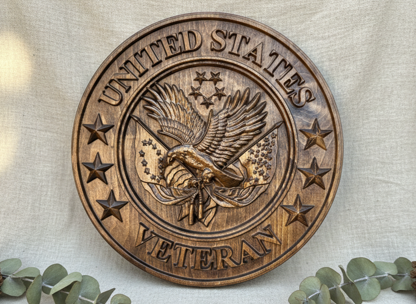 Carved US Veteran Maple Plaque: Eagle, Stars, and Flag
