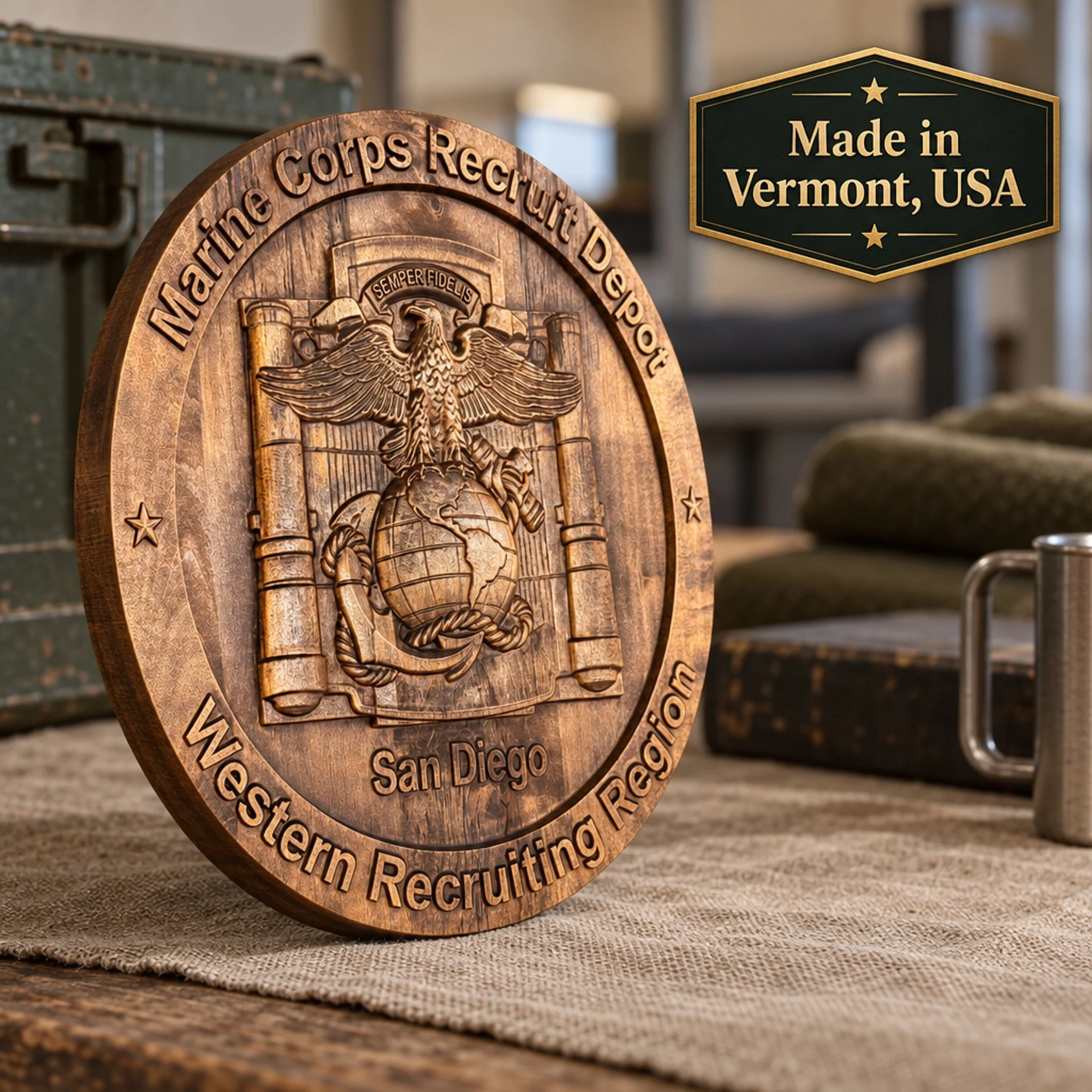 Three-quarter view of the San Diego depot plaque showing its edge and carved relief, beside a Made in Vermont, USA text panel.