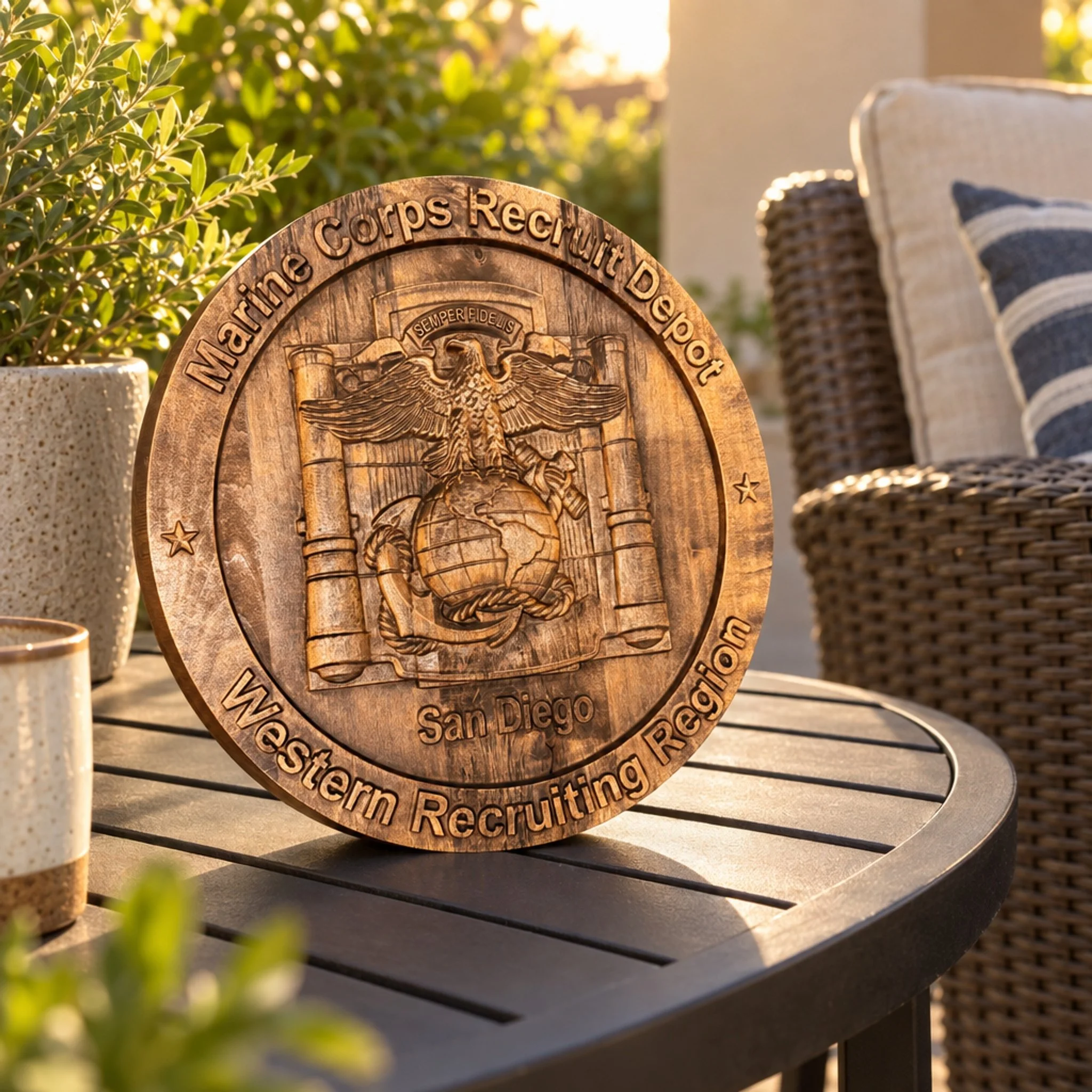 San Diego depot plaque on a round slatted patio table beside a wicker chair and greenery.