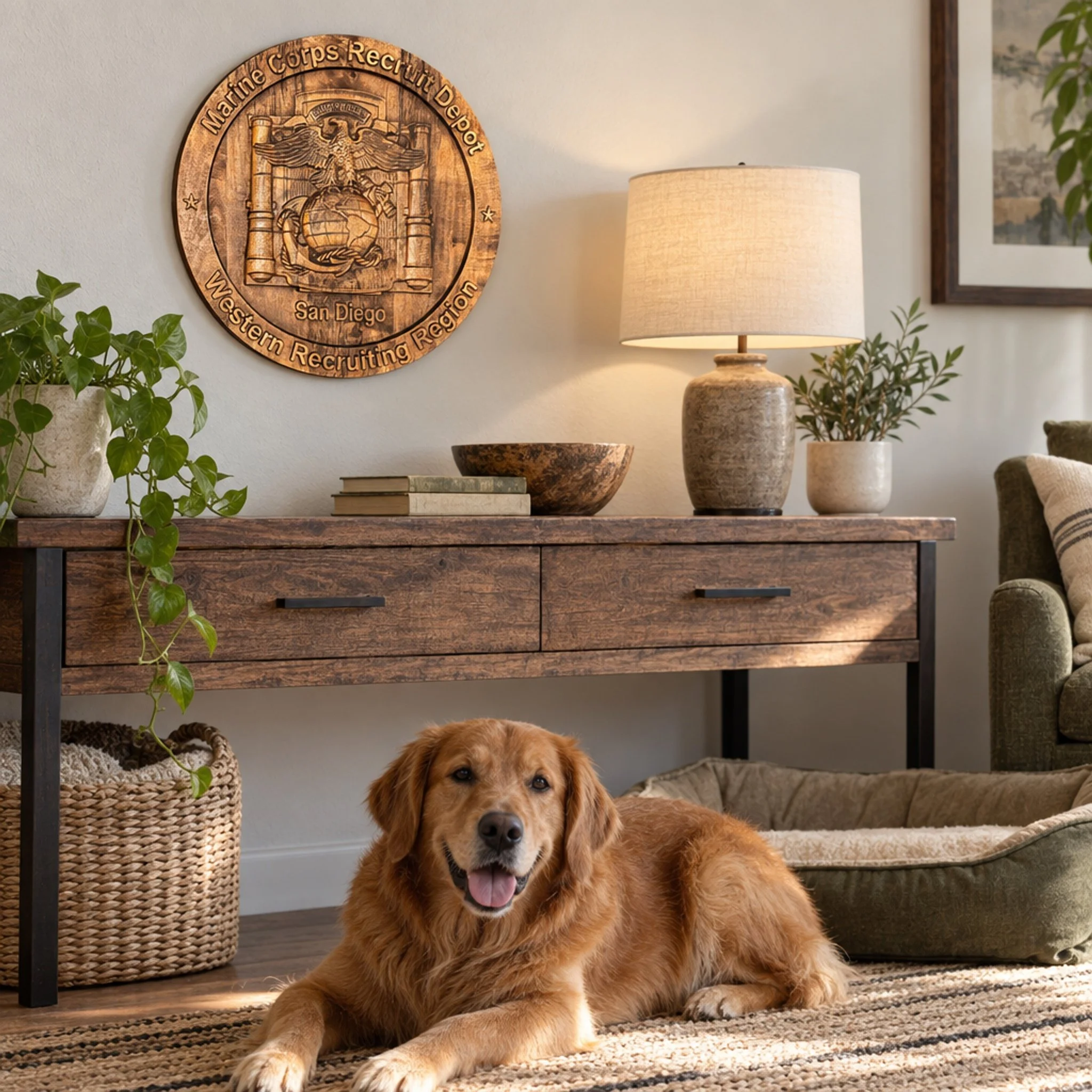 San Diego depot plaque on a wall above a console, with a golden retriever on the rug beside a pet bed.
