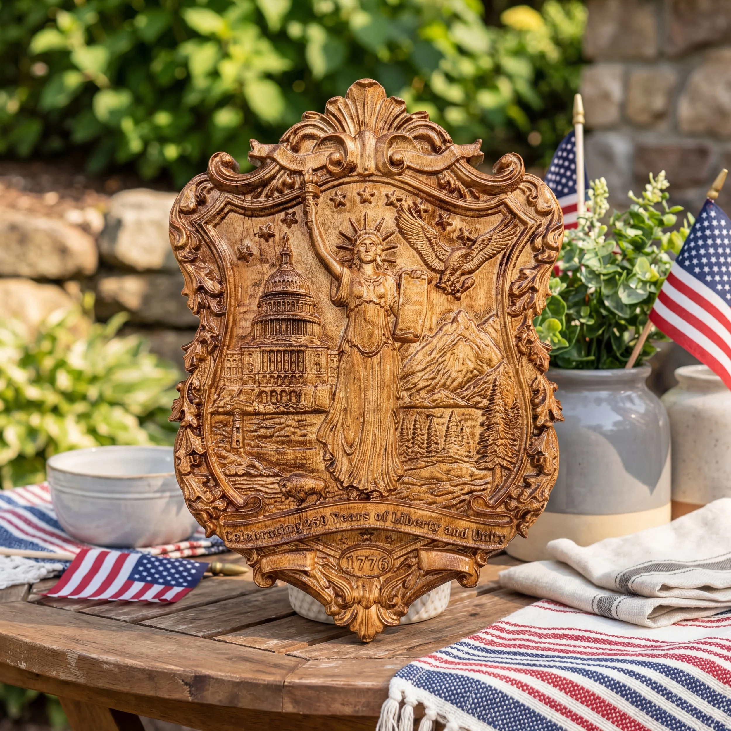Celebrating 250 Years of Liberty and Unity 1776 Wood Plaque USA 250th Anniversary Patriotic Carved Wall Decor Statue of Liberty