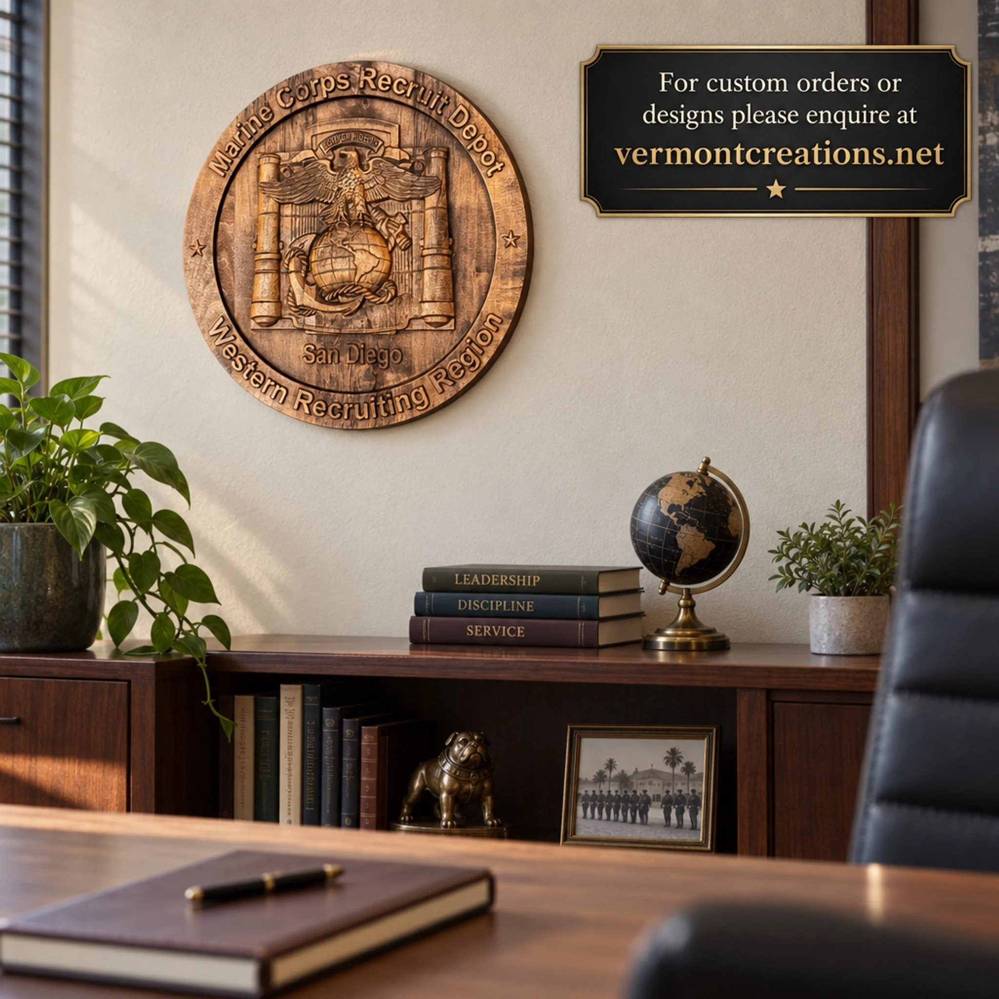 San Diego depot plaque above an office cabinet with books, plants, and a globe, beside a custom-order inquiry text panel.