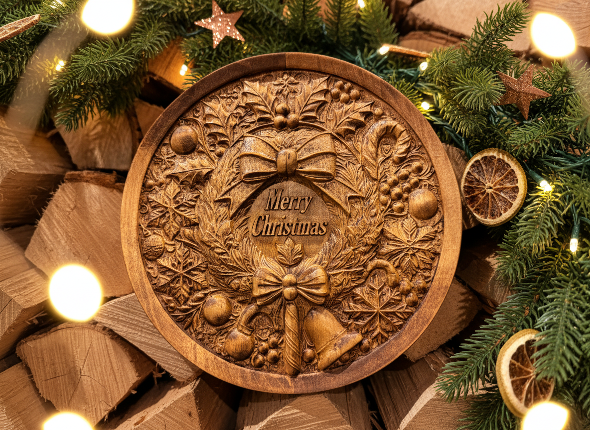 Carved Wooden Merry Christmas Wreath Wall Art - Rustic Holiday Decor