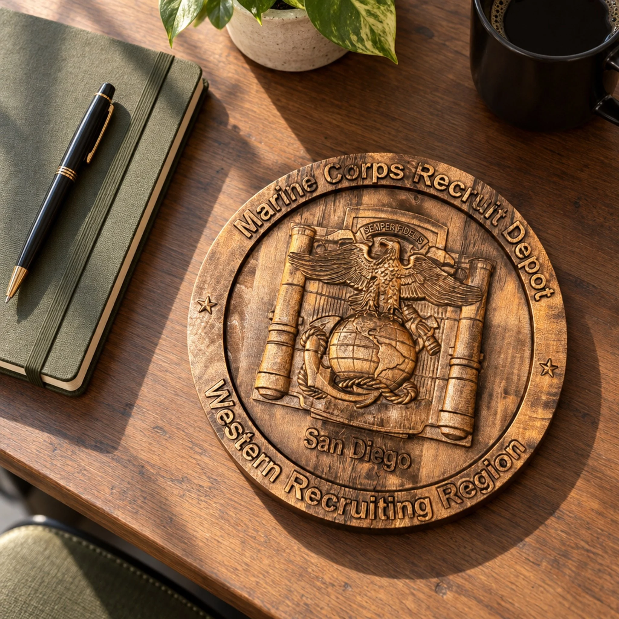 Overhead view of the San Diego depot plaque lying on a wooden desk beside a notebook, pen, mug, and plant.
