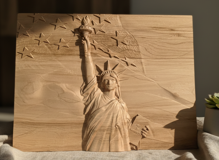 Statue of Liberty Wood Carving with Waving American Flag – Patriotic Wall Art – Vermont Made