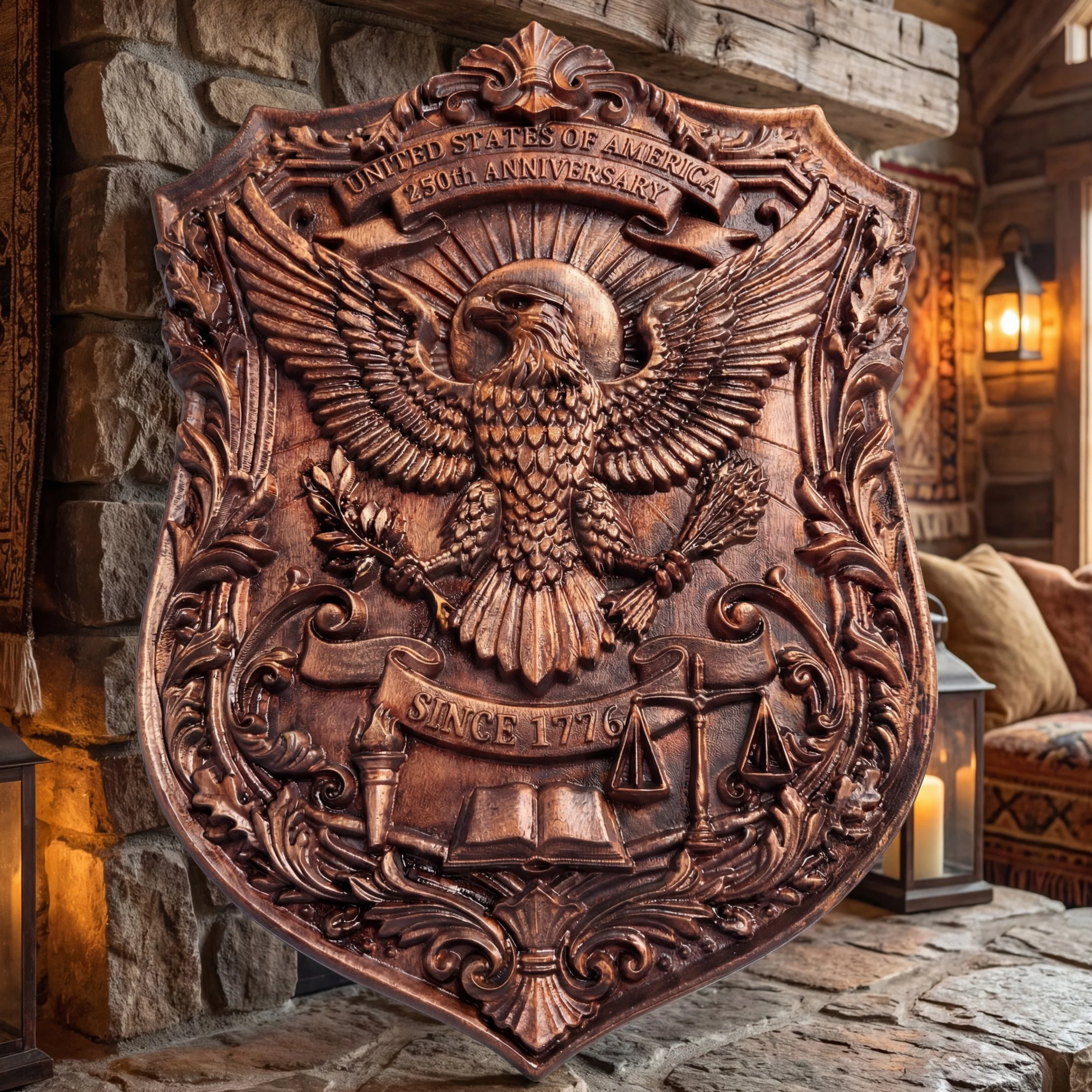 Carved Wood USA 250th Anniversary Eagle Shield | Patriotic American Wall Art Since 1776 Plaque