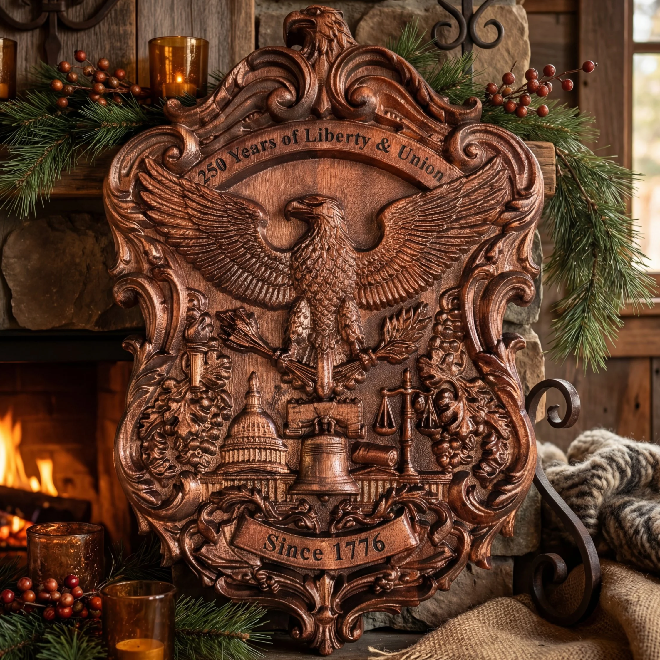 250th Anniversary American Patriotic Plaque | Liberty & Union Wall Decor | Eagle, Capitol, Liberty Bell | US History Gift Since 1776