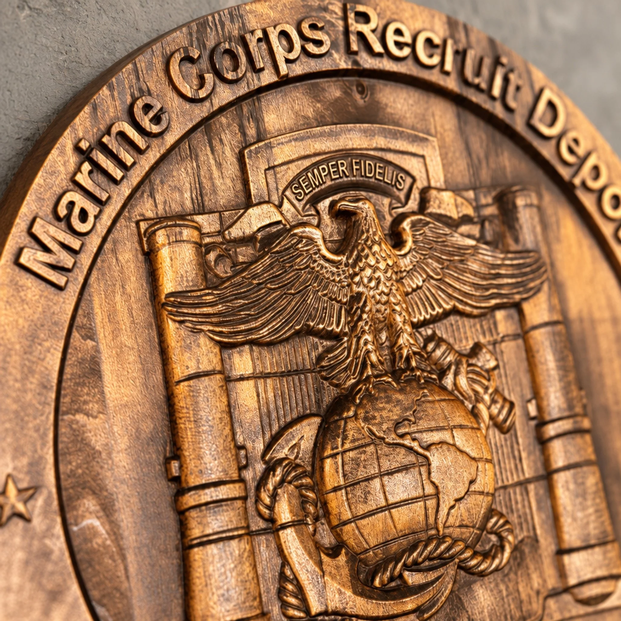Close-up of the eagle, SEMPER FIDELIS banner, globe, and anchor within the San Diego depot plaque.