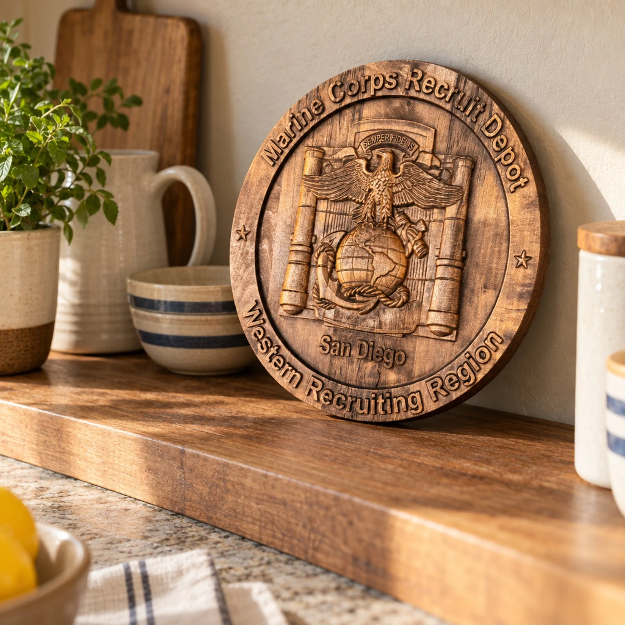 San Diego depot plaque leaning on a wooden kitchen counter beside bowls, cutting boards, and a plant.