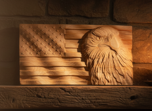 Majestic Eagle on American Flag Background Handcrafted Wood Carving
