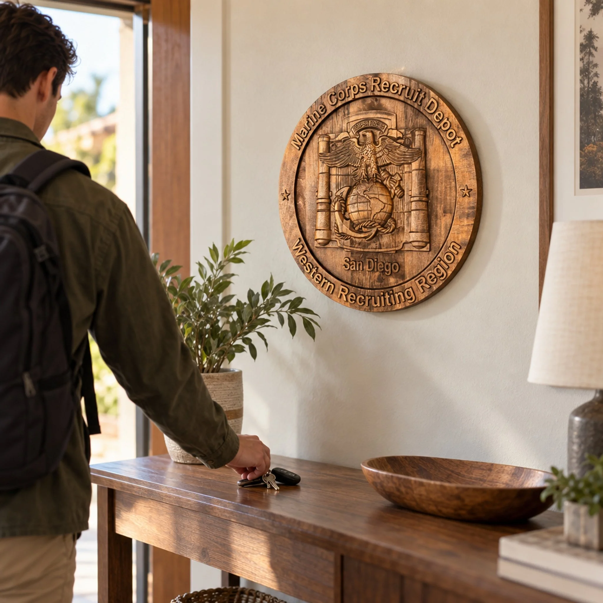 San Diego depot plaque displayed above an entry console as a person sets down keys nearby.