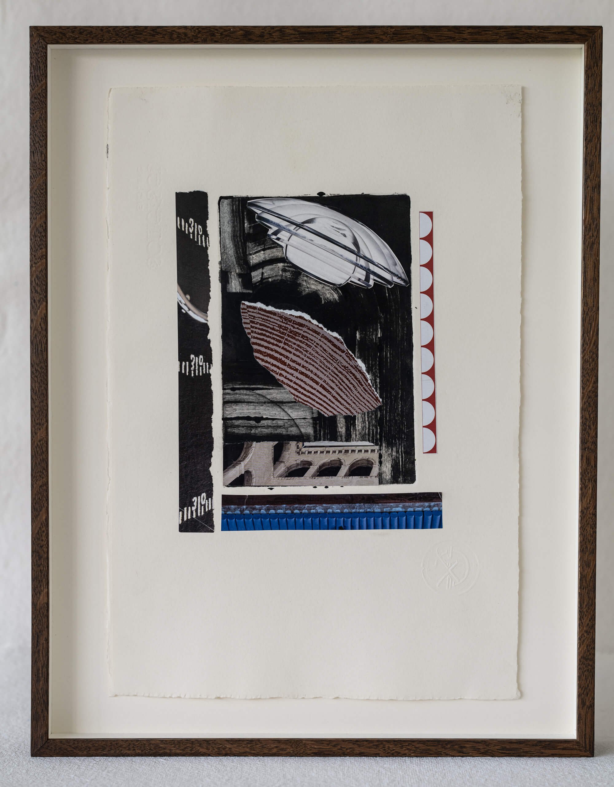 Framed abstract monoprint with architectural elements