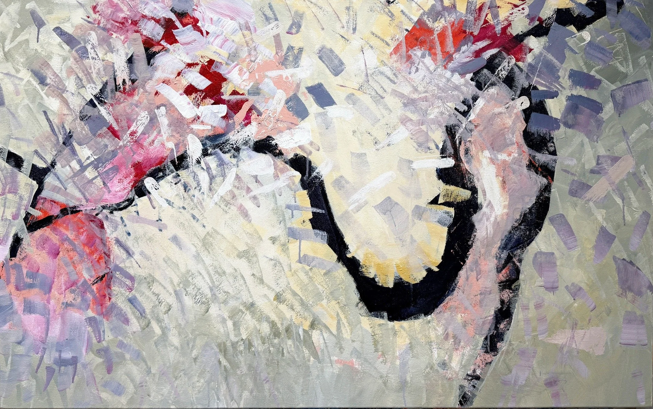 EARLY LIGHT 30x48 acrylic on canvas
Description:
Muted colors of red, white and violet and airy strokes create the feeling of early light spreading across a landscape. The darker curve offers a quiet path through through the softness of the scene
#ab