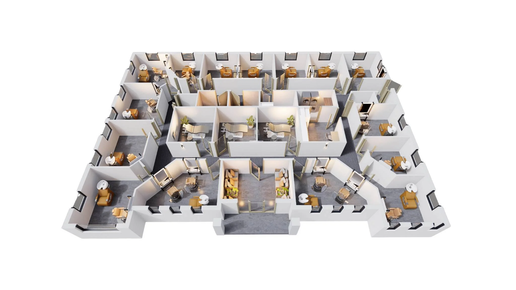 3D floor plan of a commercial office space with individual offices, conference rooms, and a reception area.