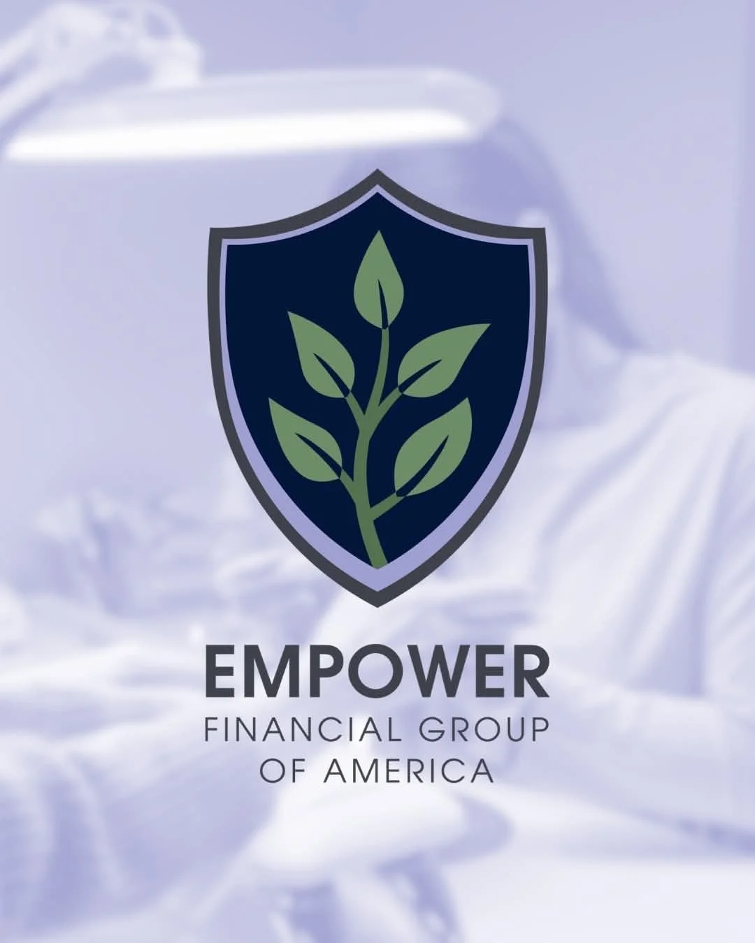 Logo of Empower Financial Group of America featuring a shield with a green plant inside, set against a blurred background of a person in protective gear with a spray bottle.