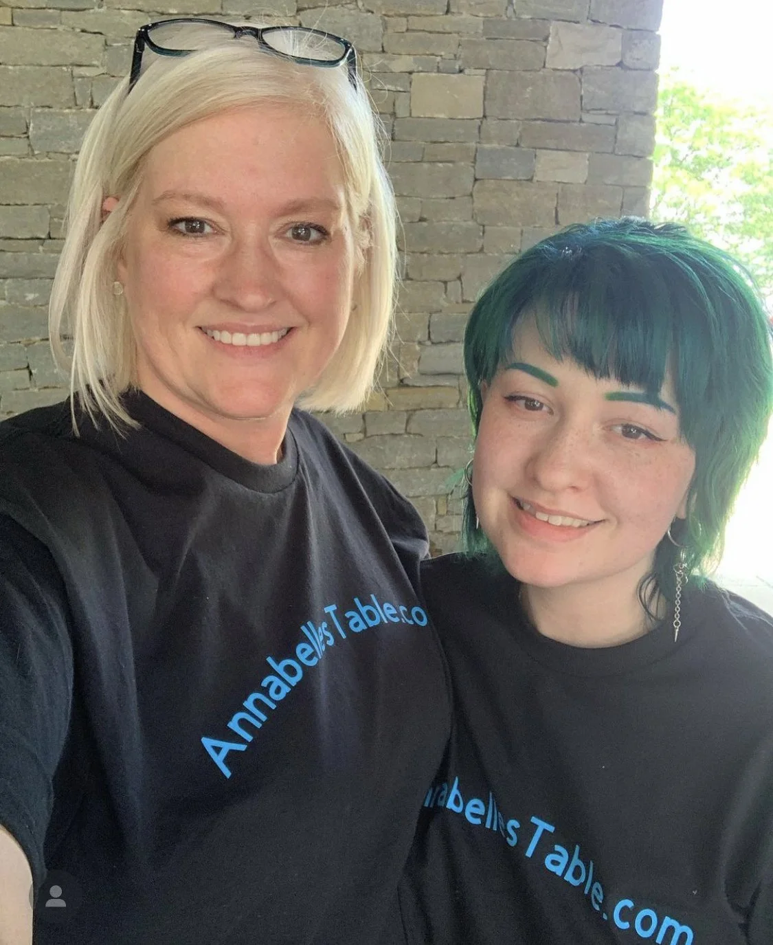 A picture showing the mother and daughter who own and operate the business, with matching t-shirts that say annabellestable.com