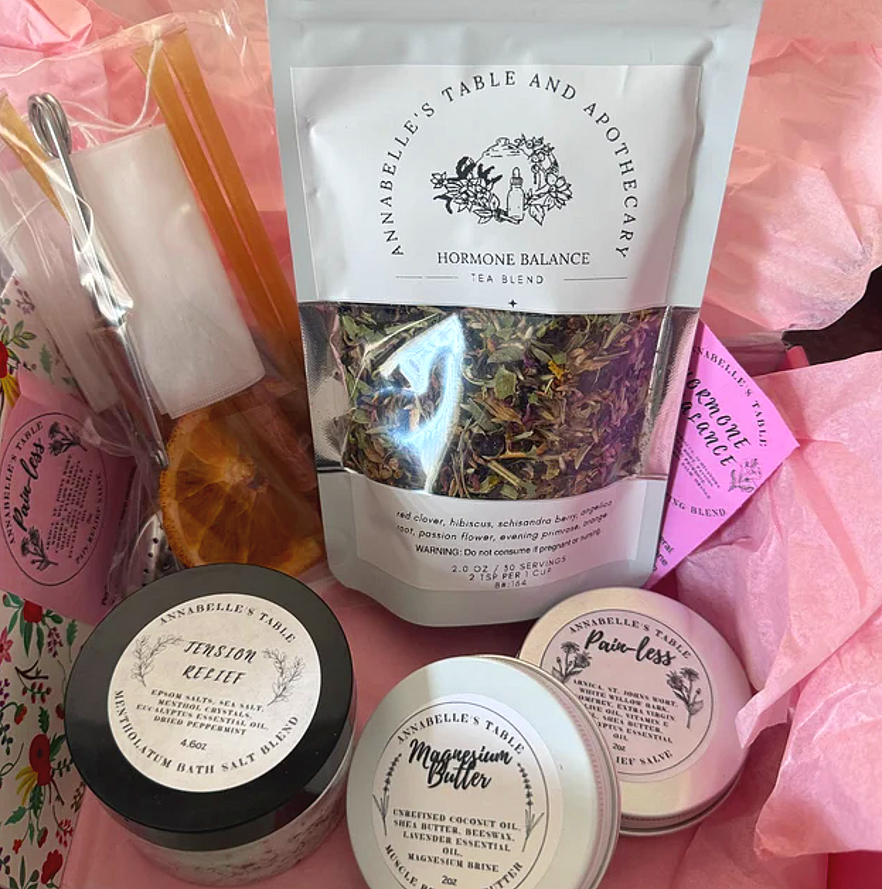Hormone Balance Herbal Tea, Magnesium Butter, Pain-Less Salve