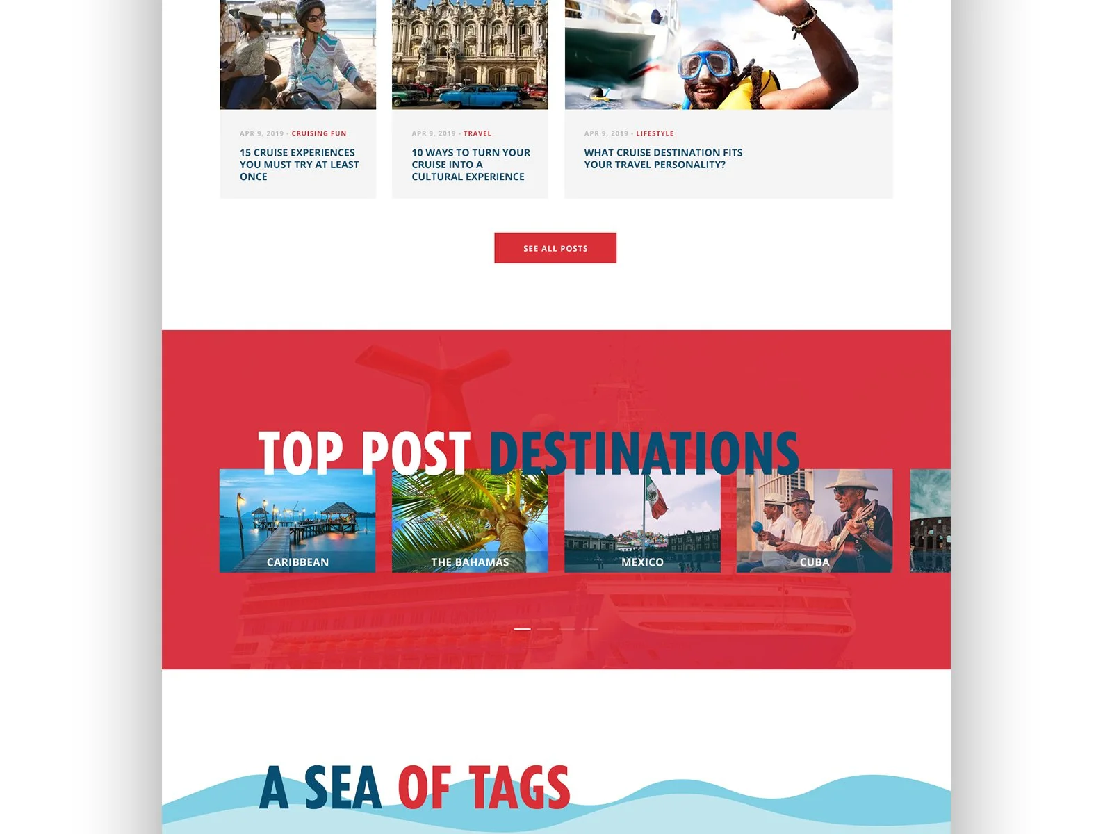 banner de un sitio web de destinos turísticos con imágenes y textos, destacando destinos como Caribe, Las Bahamas, México, Cuba, y una sección titulada 'Top Post Destinations'.