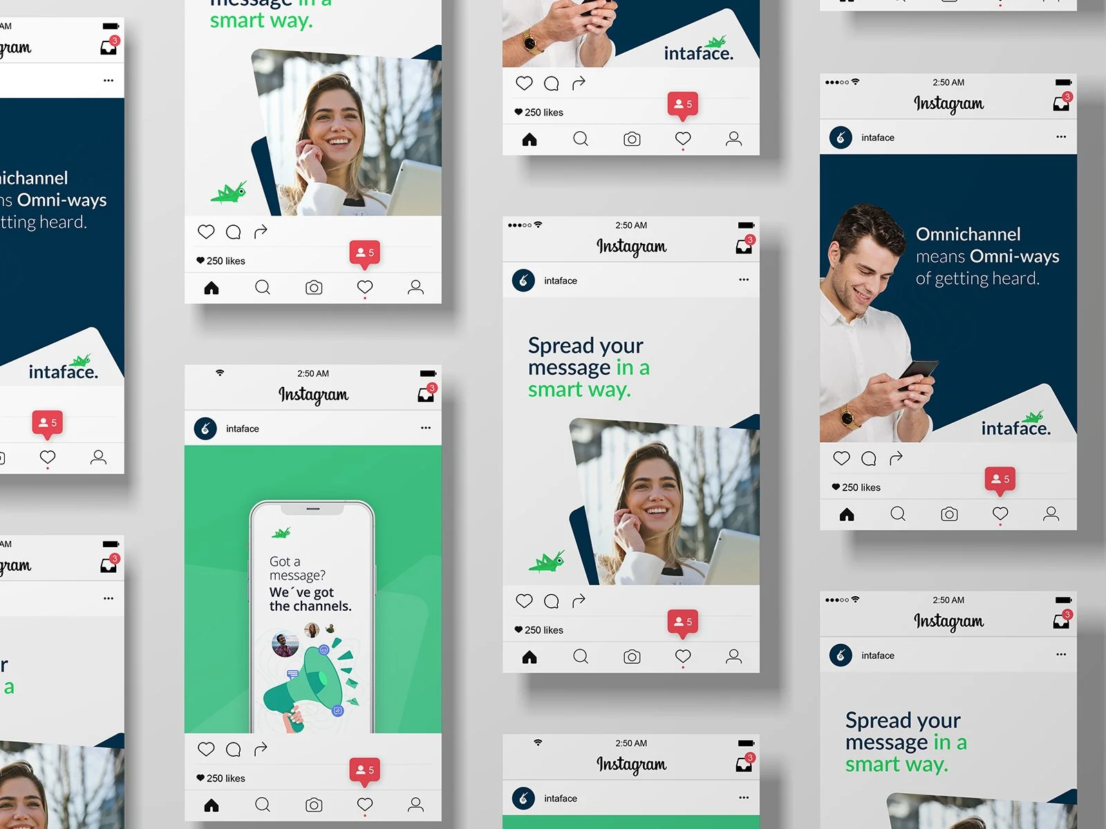 Colección de pantallas de aplicaciones de redes sociales representando mensajes y notificaciones, incluyendo textos en inglés y logotipos de Instagram y una marca llamada intaface, con imágenes de personas usando teléfonos inteligentes.