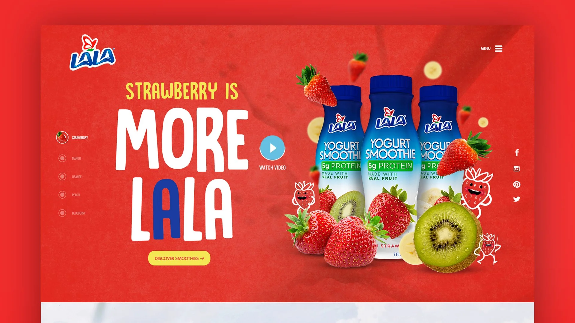 Imagen de yogures de leche con sabor a fresa, kiwi, y otros, rodeados de frutas como fresas, kiwi, y plátanos con fondo rojo y texto en inglés y español promoviendo la leche y los batidos de yogur.