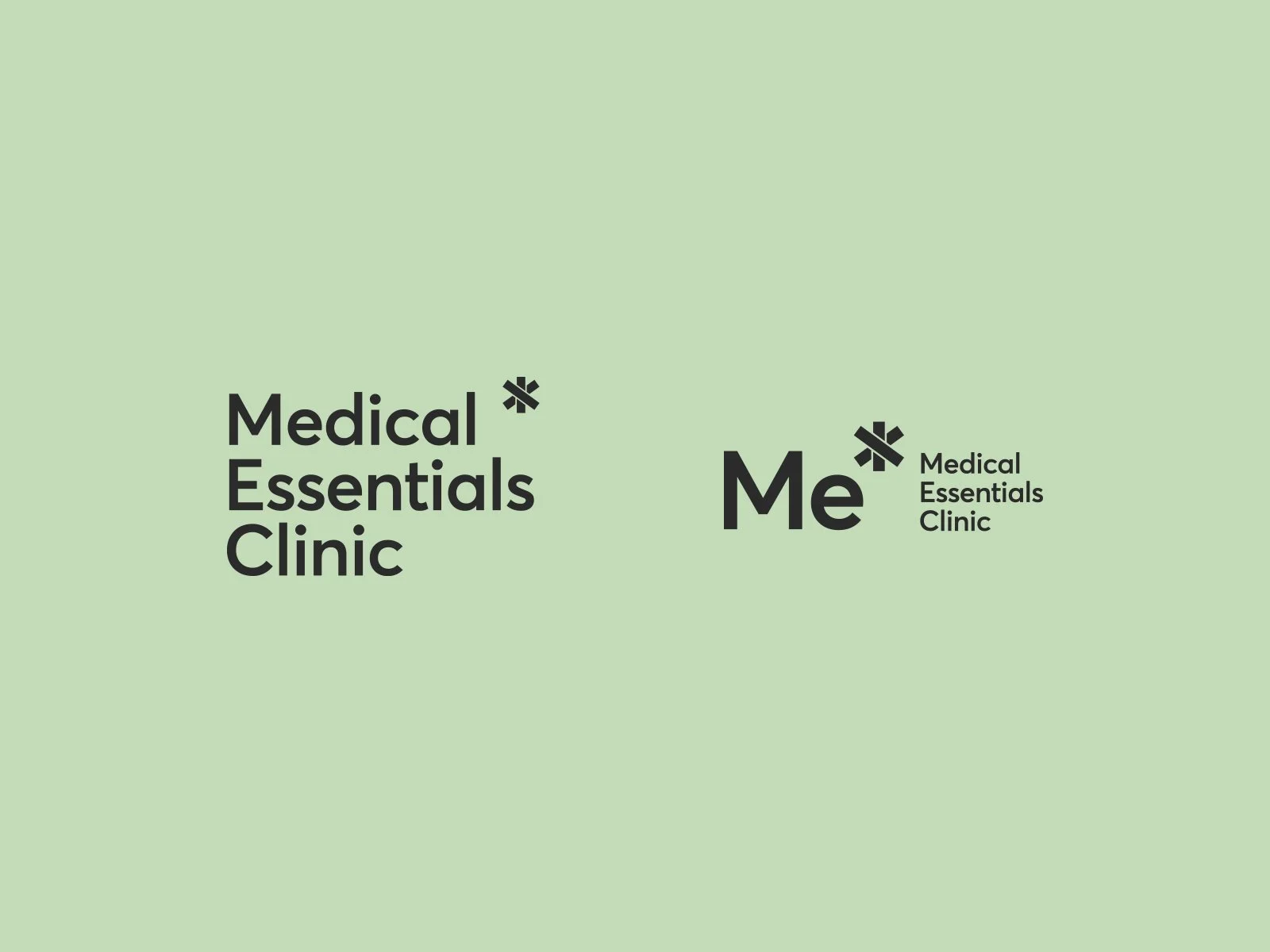 Logotipo de la clínica Medical Essentials Clinic, con texto en negro y un astérisco, en un fondo verde claro.