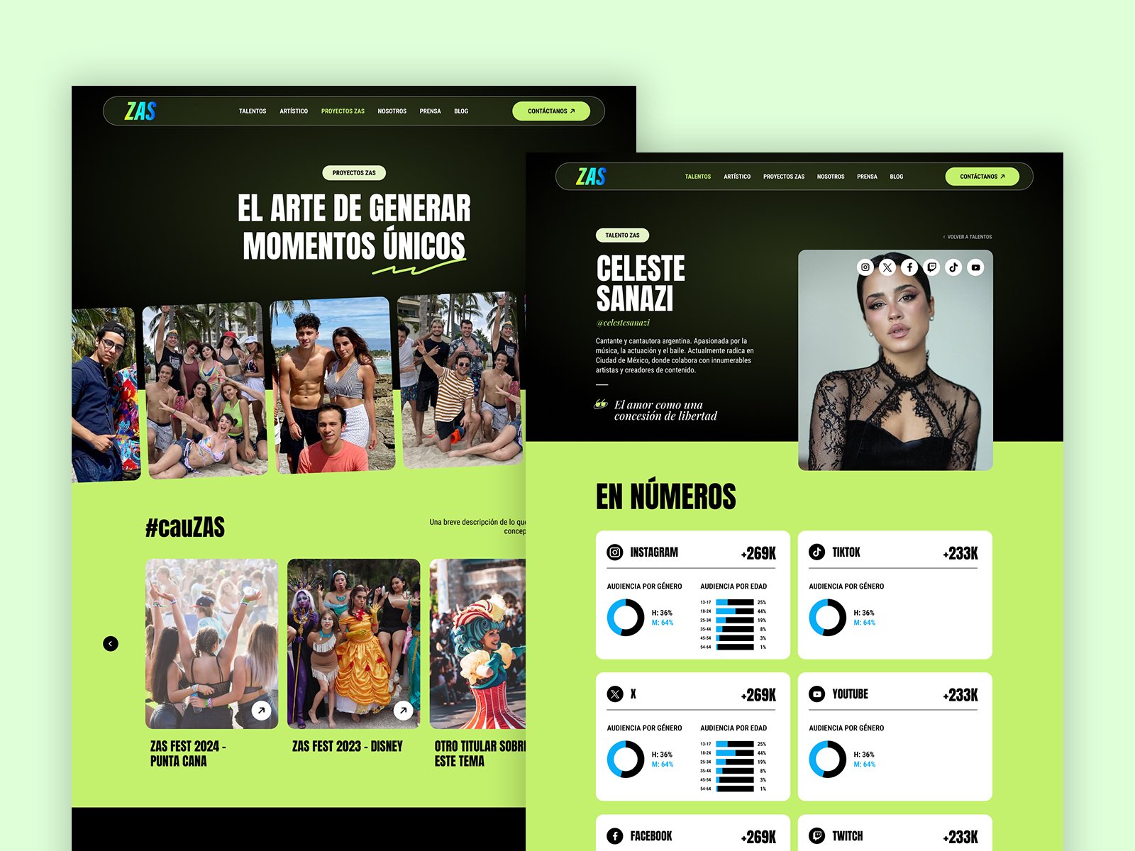 Página web con información sobre proyectos artísticos y estadísticas de seguidores en redes sociales, con fotos de eventos y artistas en un fondo oscuro y verde.