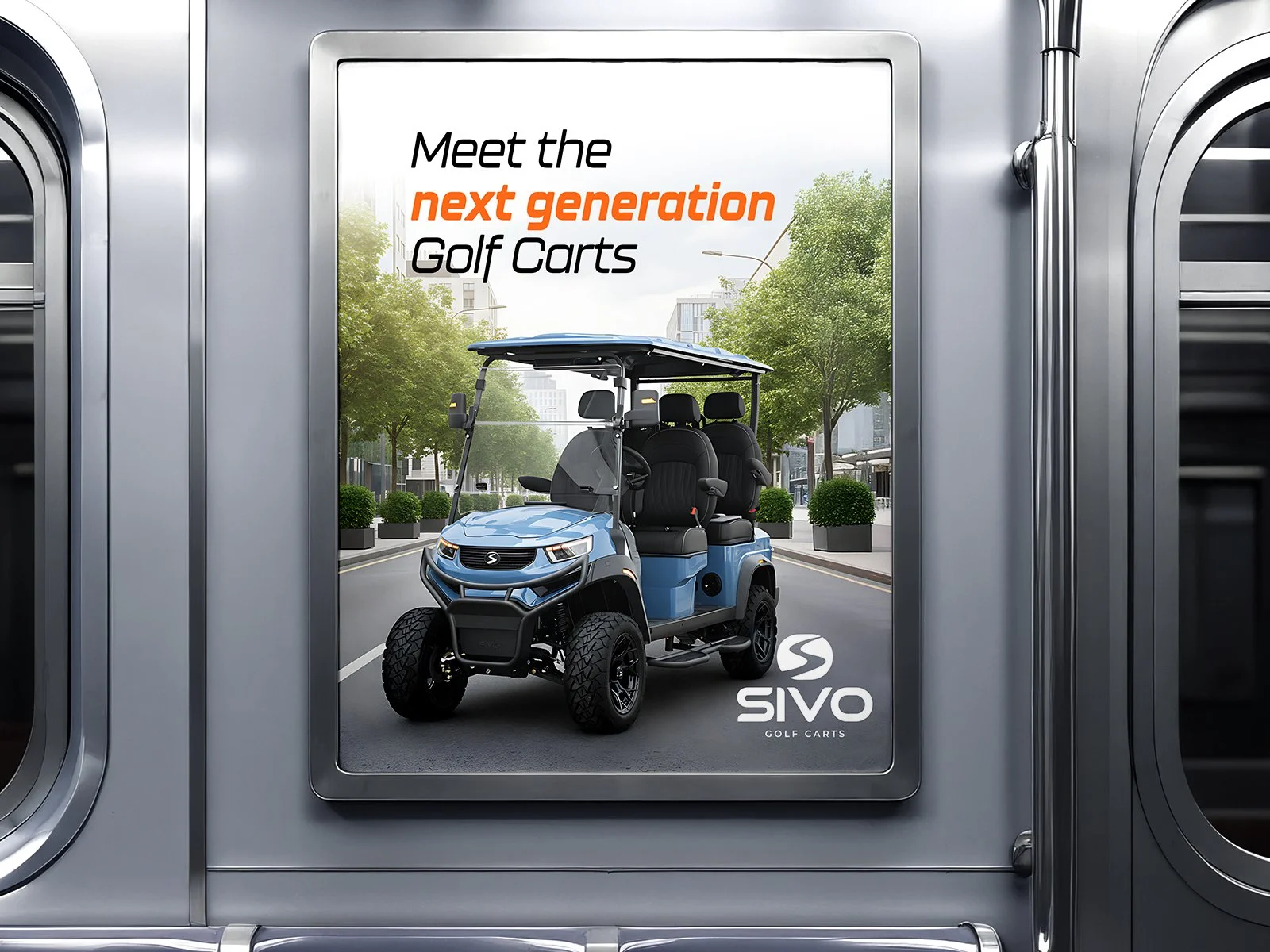 Anuncio de un carrito de golf de próxima generación en una ciudad, con árboles y edificios de fondo, y el logotipo de Sivo Golf Carts.