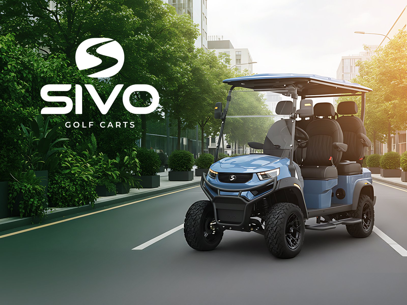 Un carro de golf eléctrico azul en una calle arbolada, con edificios en el fondo y logotipo de Sivo Golf Carts en la esquina izquierda.