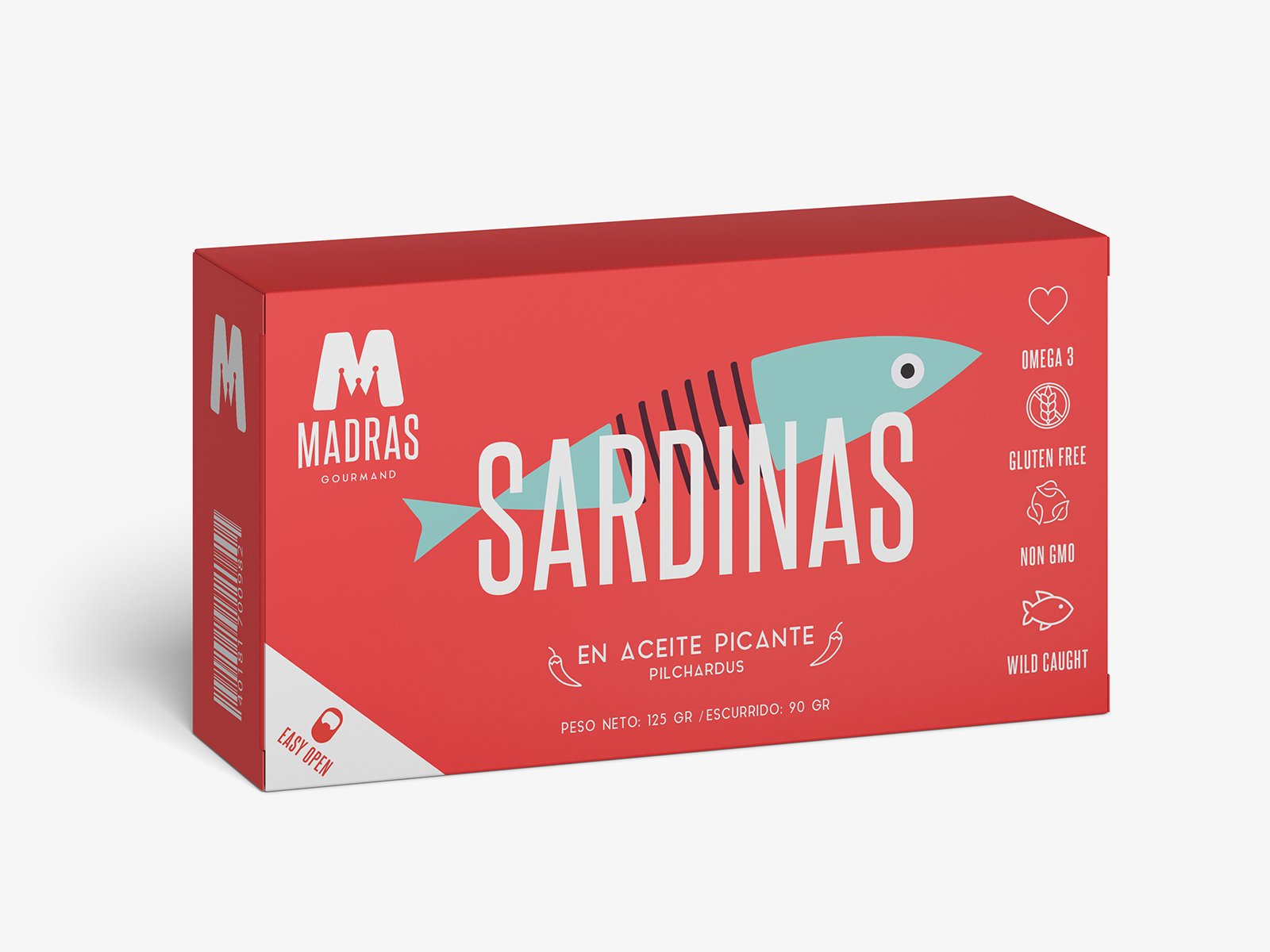 Caja de sardinas en aceite picante con ilustración de un pez y texto en español y inglés que indica características como Omega 3, gluten free, non GMO, y que son atrapadas en estado salvaje.