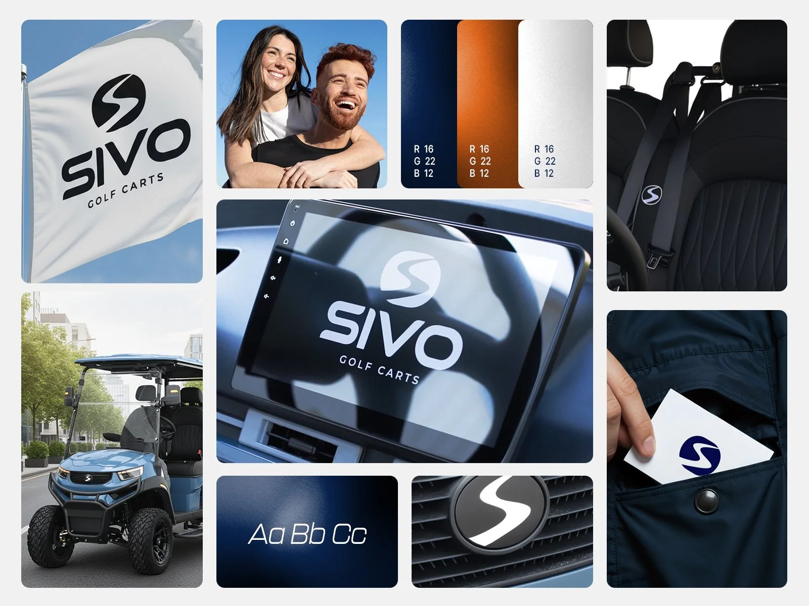 Conjunto de imágenes relacionadas con SIVO Golf Carts. Muestra una bandera con el logo de SIVO, dos personas sonriendo, una muestra productos en una paleta de colores, un carrito de golf azul, una pantalla con el logo de SIVO, la parte trasera de un 