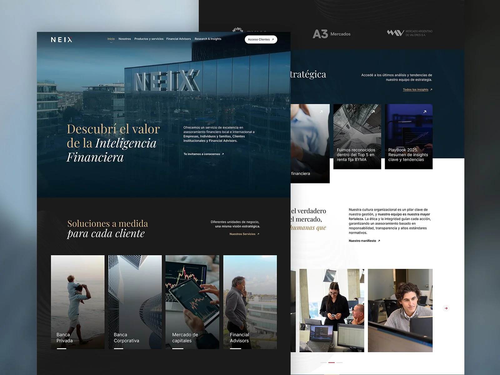 Página web de una firma de asesoramiento financiero llamada NEIX, con información sobre inteligencia financiera, soluciones personalizadas, y secciones con imágenes de personas en contextos financieros y de negocios.