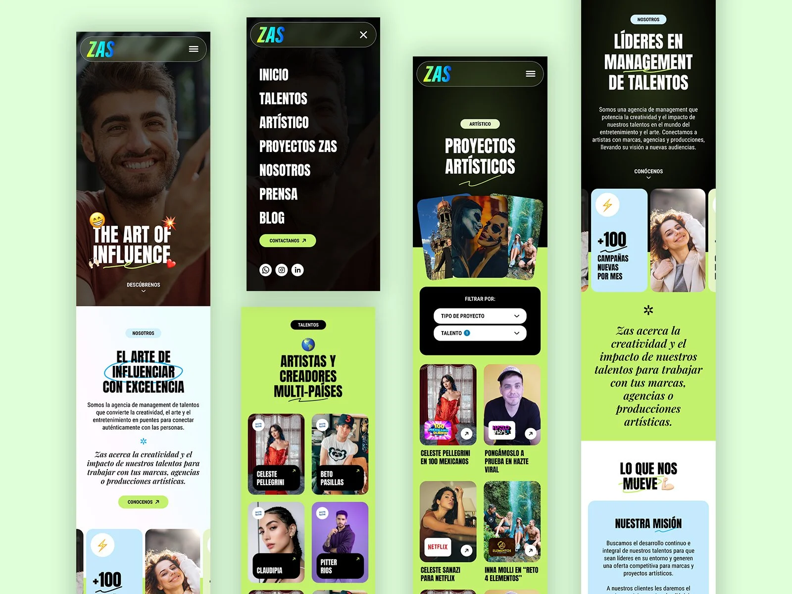 Captura de pantalla de una página web de una agencia de gestión de talentos llamada ZAS. La página muestra varias secciones, con un menú lateral y diferentes imágenes de artistas y proyectos artísticos, además de textos que describen sus servicios y 
