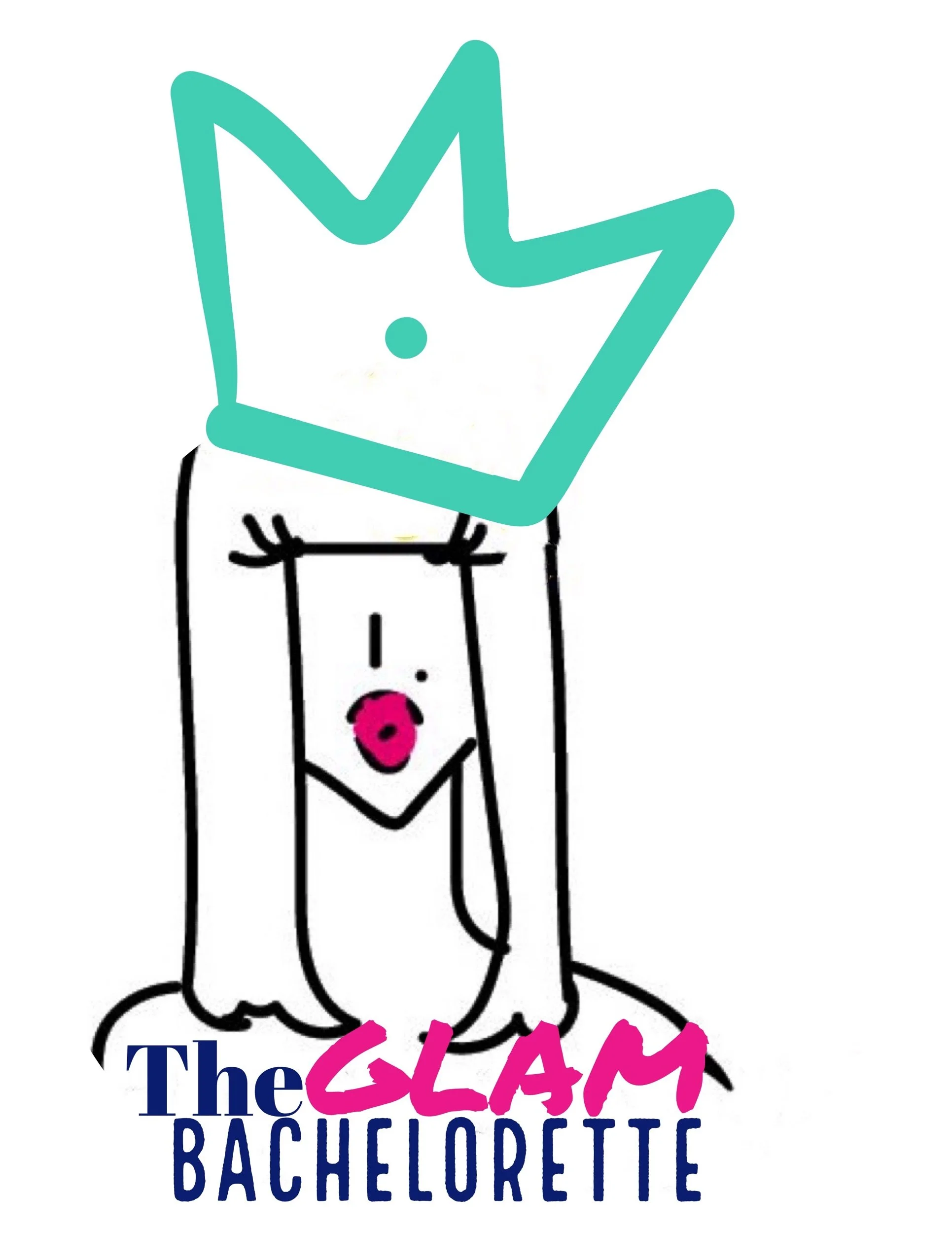 An animated illustration of a woman with long hair, eyes closed, and lips parted, with a stylized crown on her head and the text "The Glam Bachelorette" at the bottom.