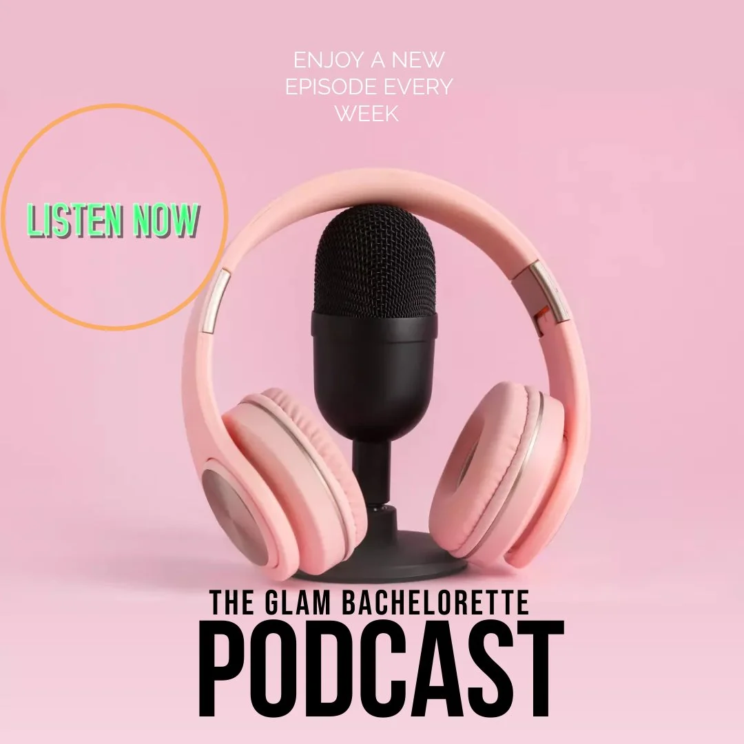Pink headphones with a microphone in front of a pink background, promoting a podcast called 'The Glam Bachelorette Podcast' with the text 'Enjoy a new episode every week' and a button that says 'Listen Now'.