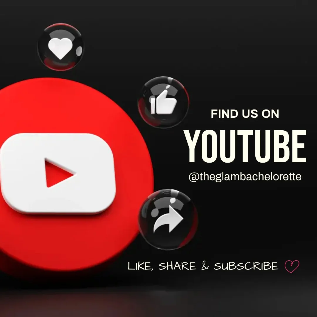 Social media graphic promoting a YouTube channel with a large YouTube logo, and icons for liking, sharing, and subscribing. Text encourages viewers to find the channel on YouTube with the username @theglambachelorette, and to like, share, and subscribe.