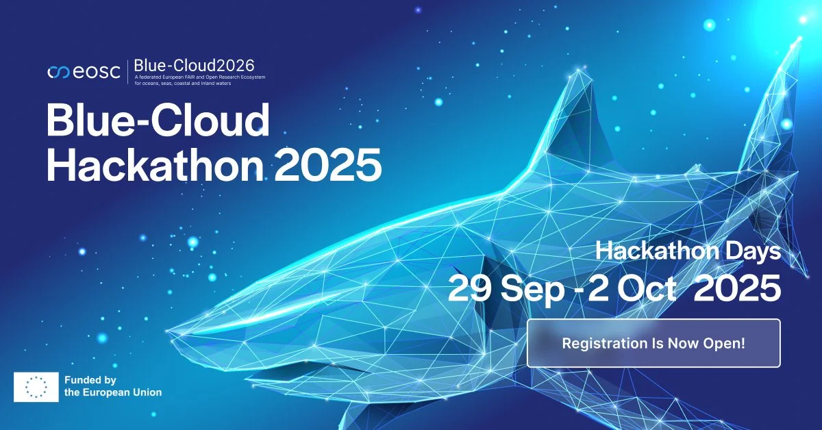 Blue-Cloud Hackathon 2025 banner featuring a digital wireframe shark. Event dates: 29 Sept – 2 Oct. Registration ends 26 Sept.