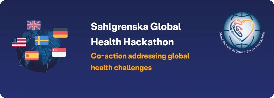 Blue background with a globe below some countries flags on the left, the hackathon name and tagline in the center, and the hackathon logo on the right