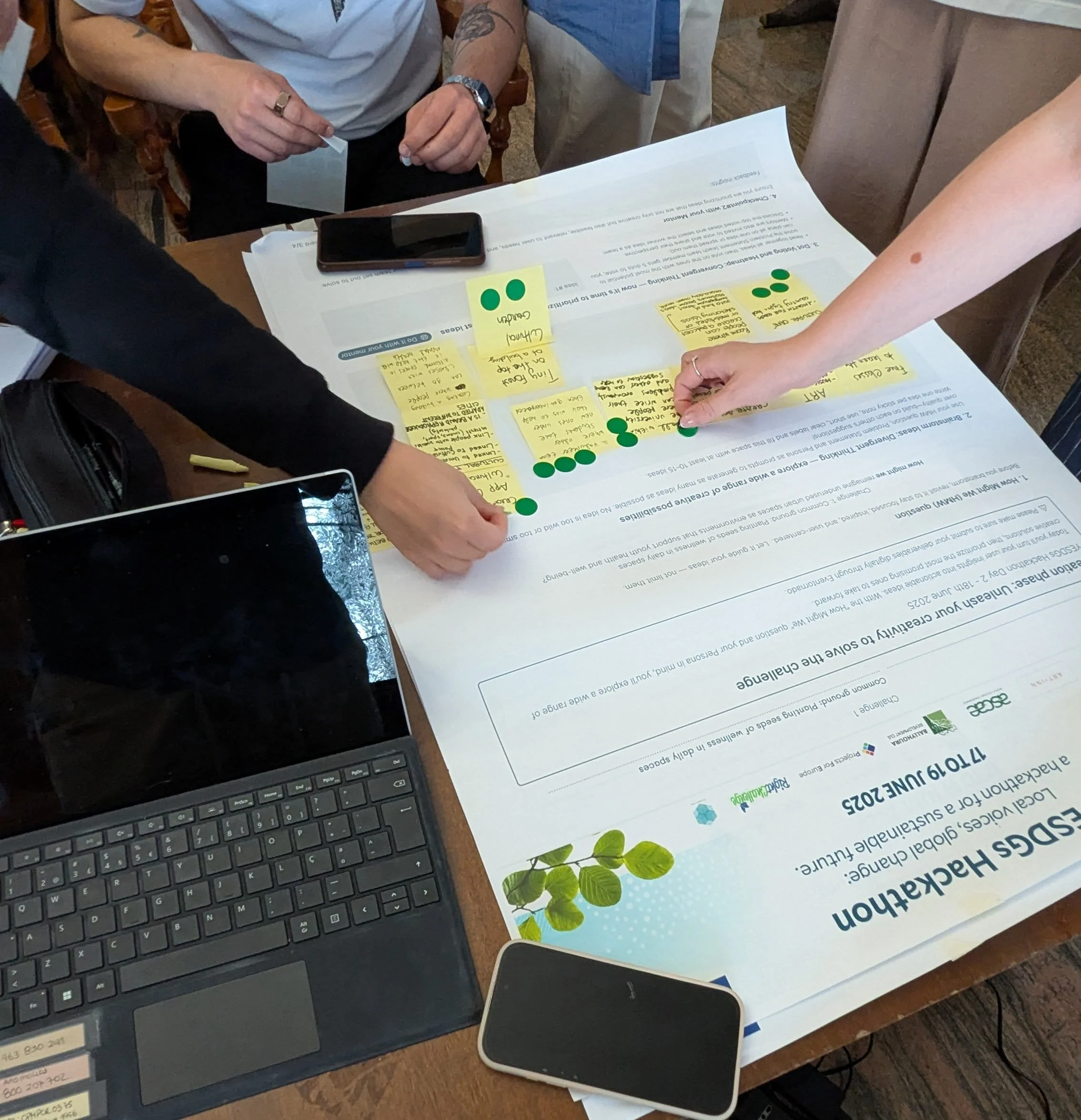 A high-angle photograph of people participating in the "YESDGs Hackathon", brainstorming ideas on a large paper poster with sticky notes, laptops, and smartphones on a table
