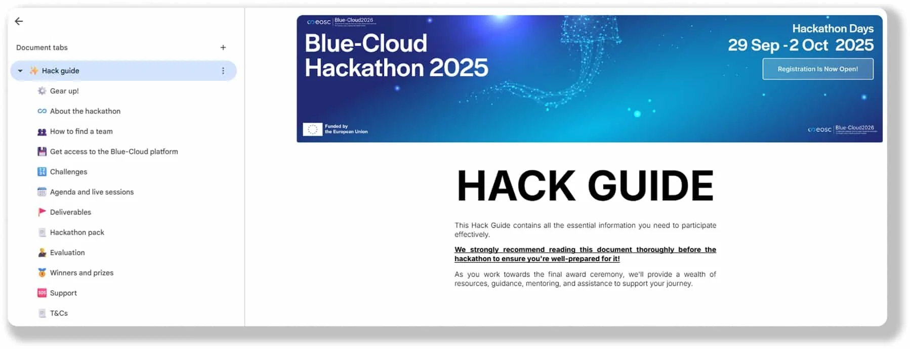 A screenshot of the online "Hack Guide" for the Blue-Cloud Hackathon 2025, featuring a blue event banner, a navigation sidebar with document tabs, and an introduction text recommending participants read the guide thoroughly
