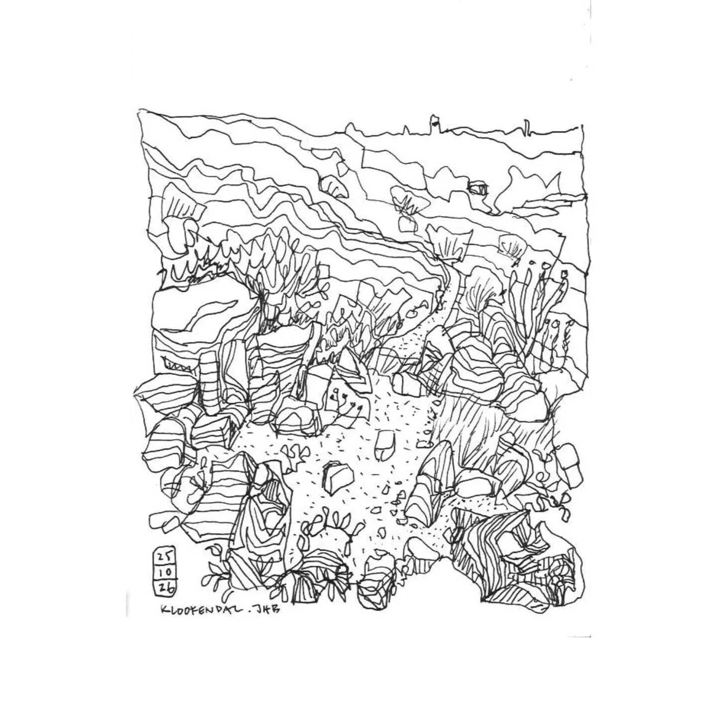 This morning at Kloofendal Nature Reserve, Johannesburg. Undulating landscape, part of the ridges that run east-west through the city. Last two sketches show Sandton (at a safe distance 😅).