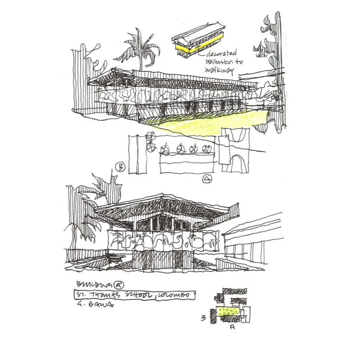 St.Thomas School, Colombo, Sri Lanka. Designed by Geoffrey Bawa when his practice was still pursuing an international modernist aesthetic. The school is located very close to the ocean, in a rainy climate, so the steel reinforcing corroded quickly, r
