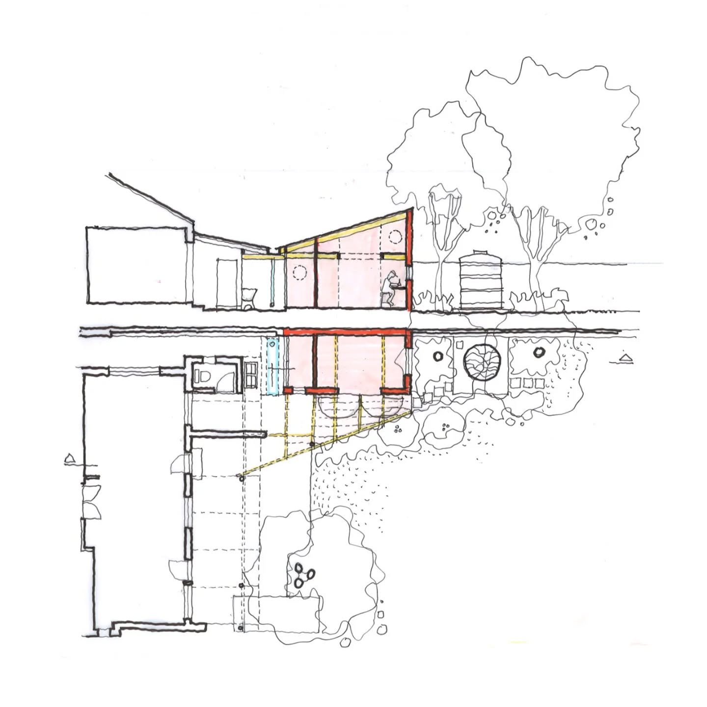 Plan and section for a new workshop extension at our house. The angle links to the water tank, which we'll have to frequent to switch on the pump.
